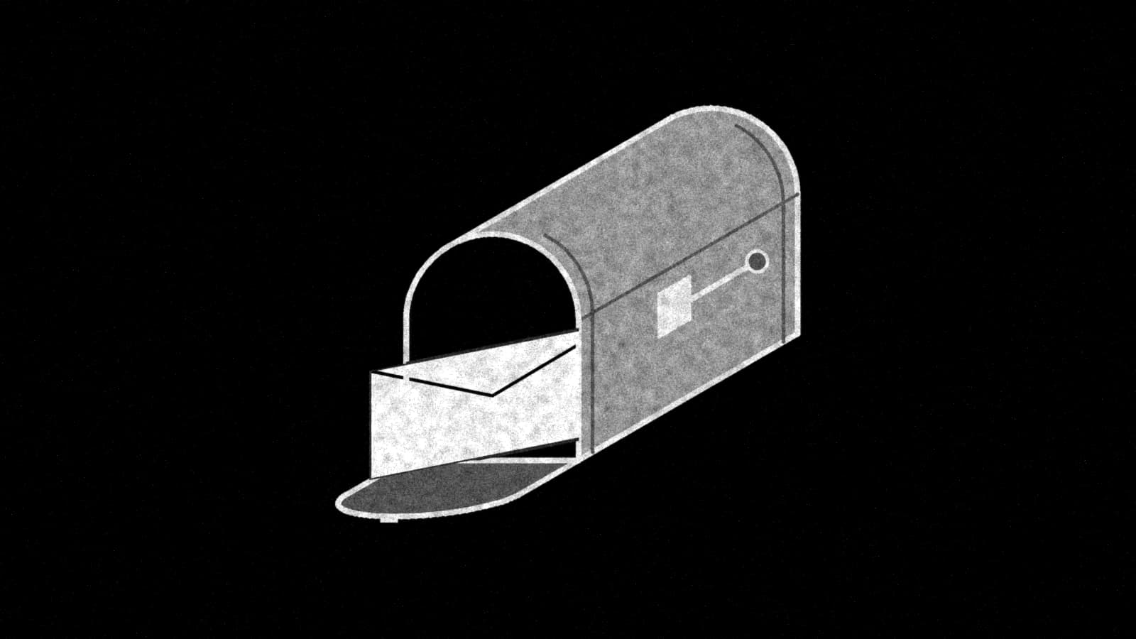 Illustration: a curbside mailbox with its door open and a business envelope pushed halfway in, in black and white.