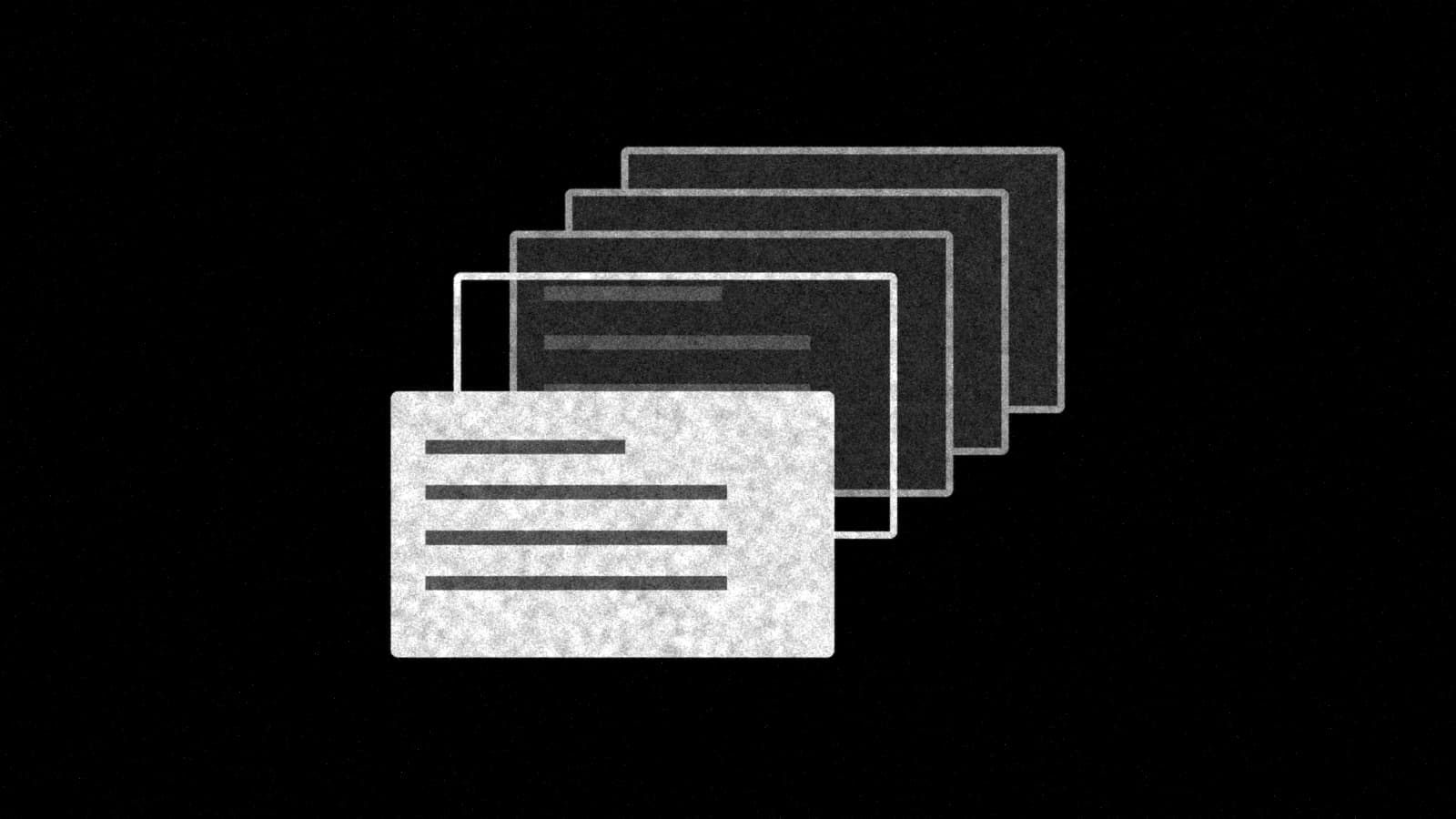 Illustration: a stepped queue of blank index cards with the front card pulled forward, in black and white.