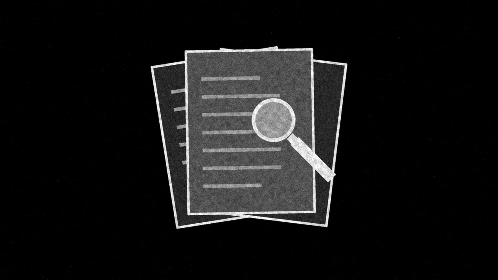 Illustration: a short fanned stack of paper candidate files with a magnifying lens over the top one, in black and white.