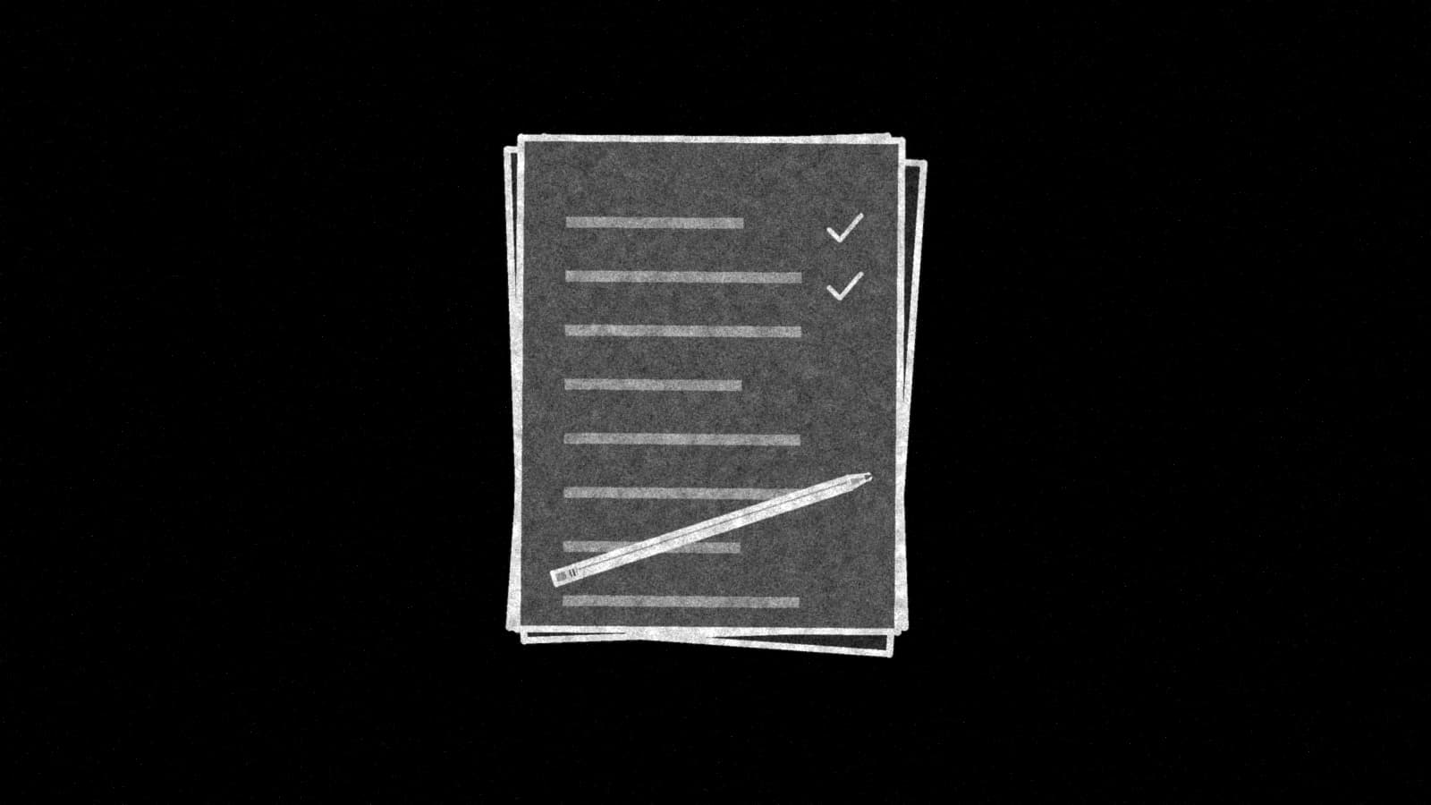 Illustration: a small stack of paper assignments with a pencil resting on top, in black and white.