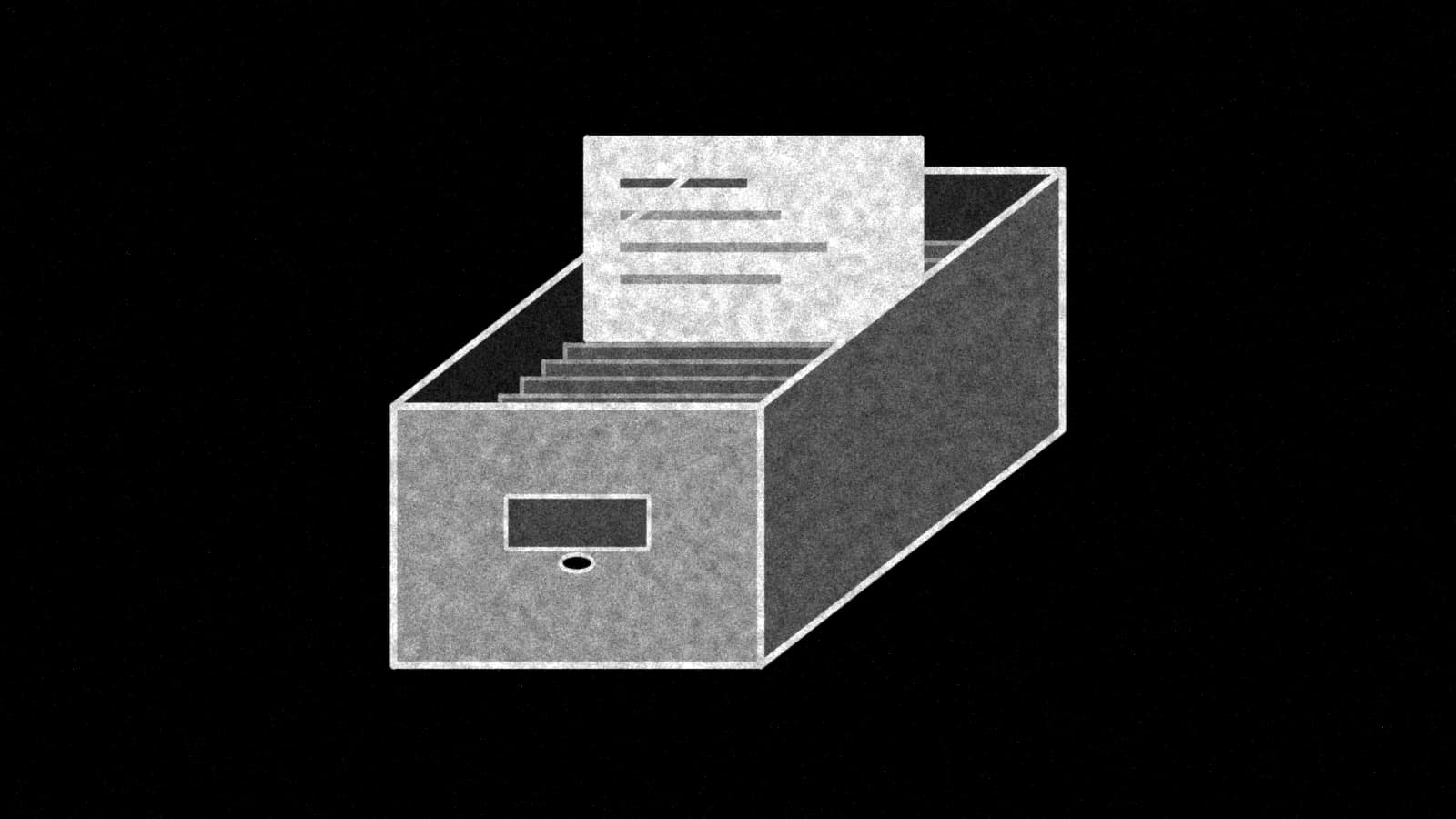 Illustration: an open index card file box with one card lifted high above the rest, in black and white.