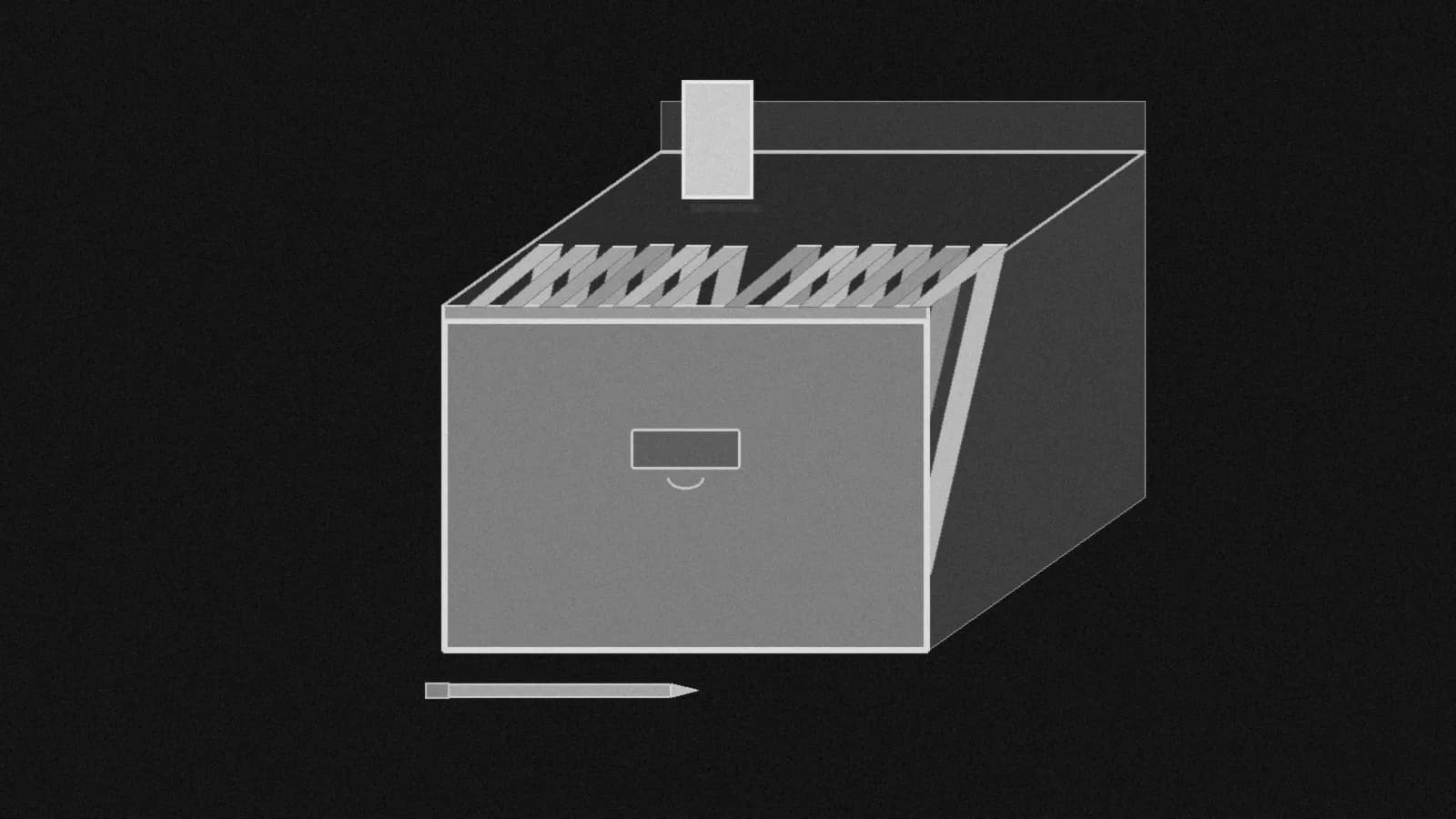 Illustration: an open index card file box with one blank card lifted, in black and white.