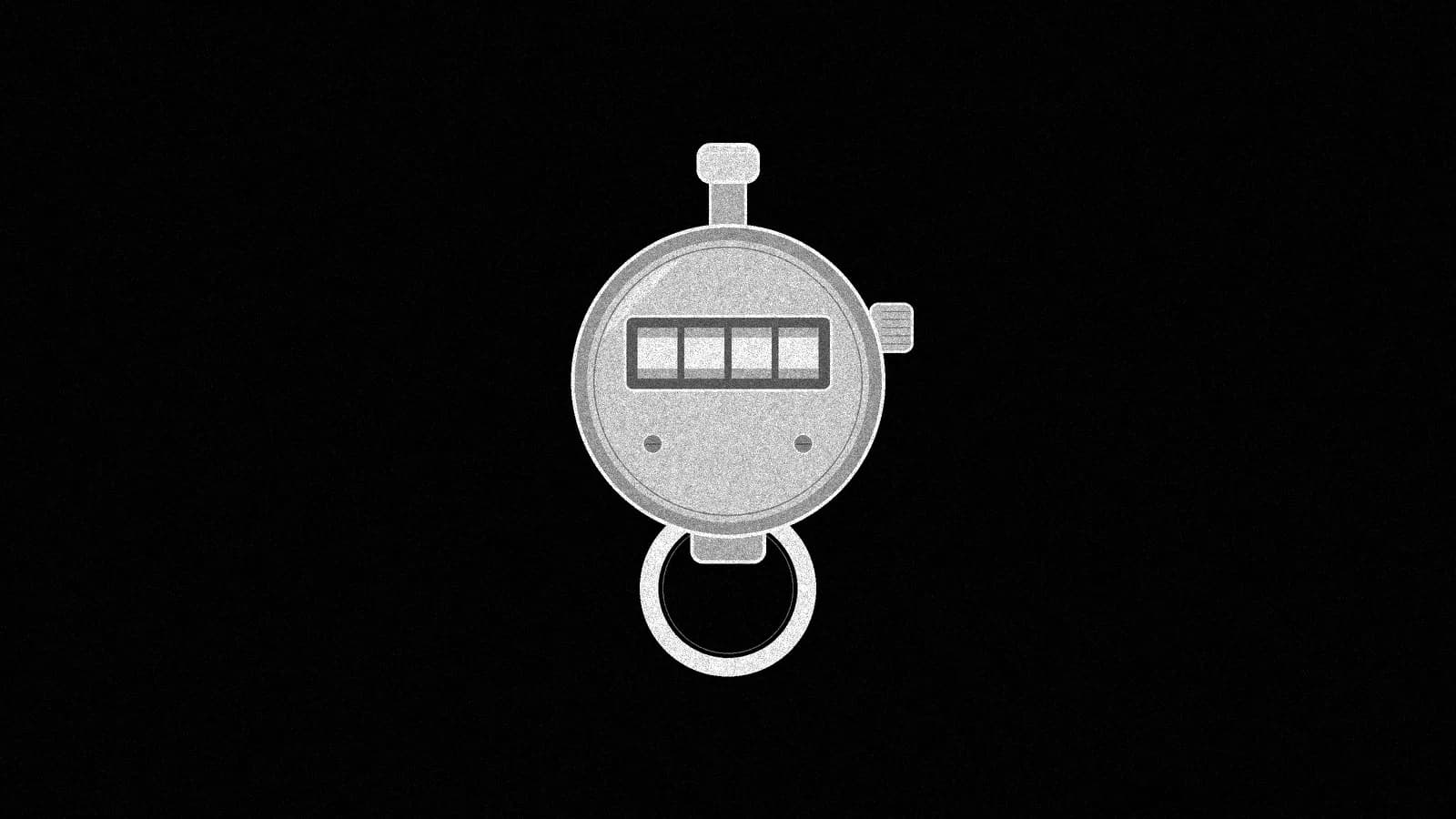 Illustration: a mechanical hand tally counter with a push button on top, a blank four-wheel window and a finger ring, in black and white.