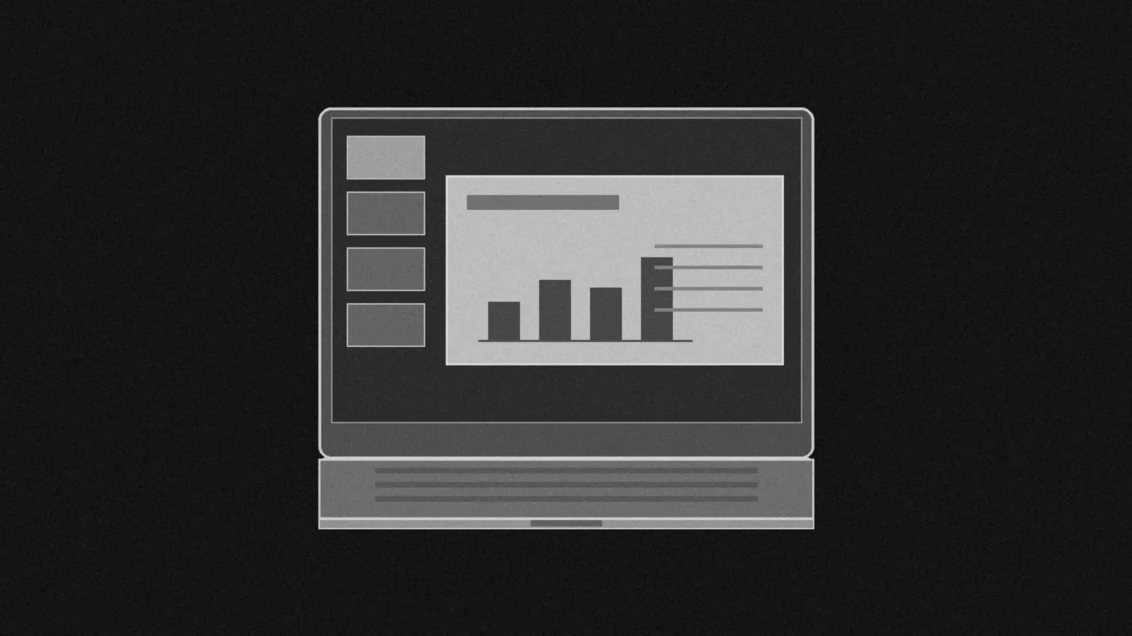 Illustration: an open laptop on black showing a blank slide with a bar chart and a column of slide thumbnails.