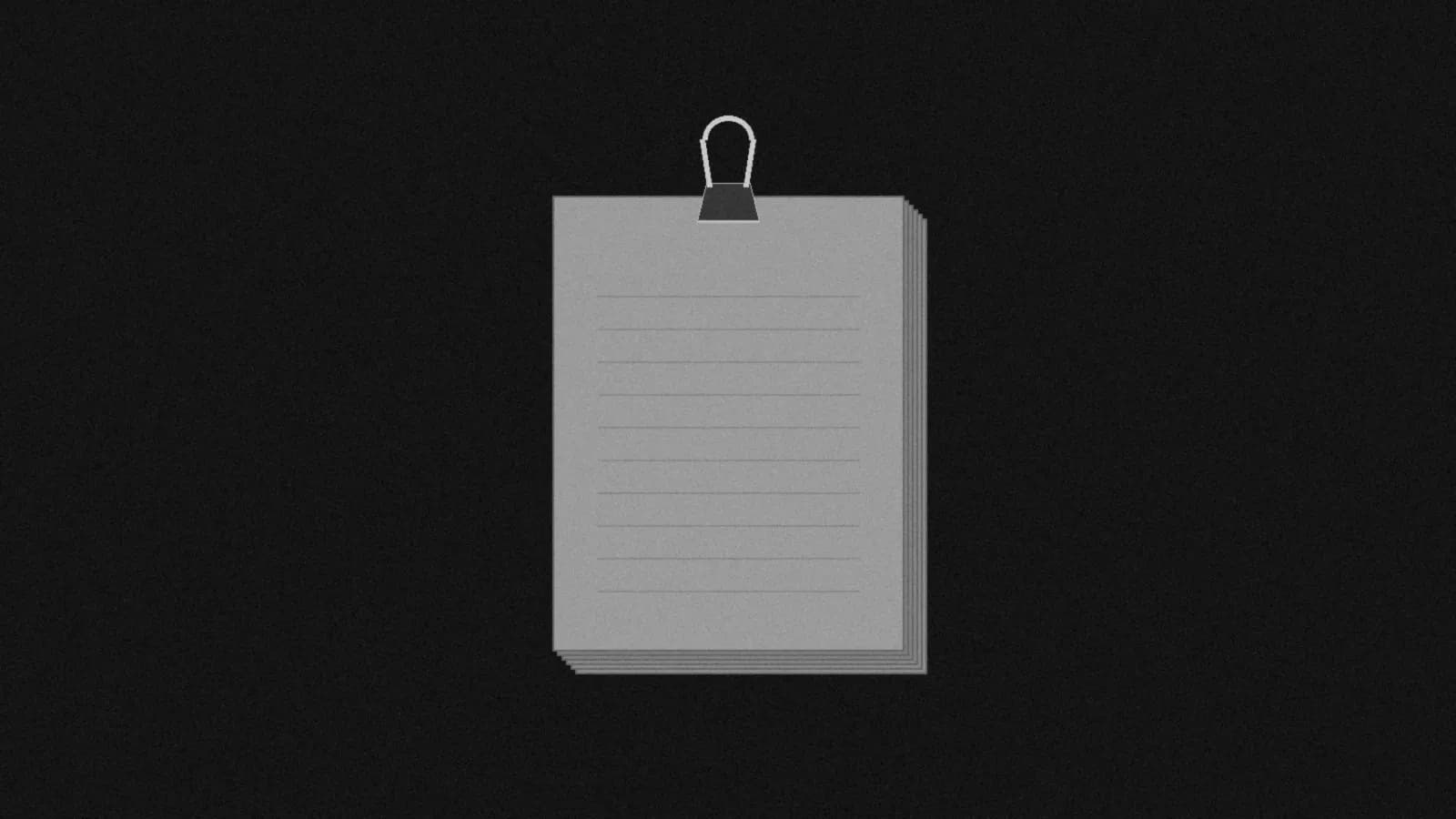 Illustration: a short stack of blank ruled pages held at the top edge by a single binder clip, straight-on on black.
