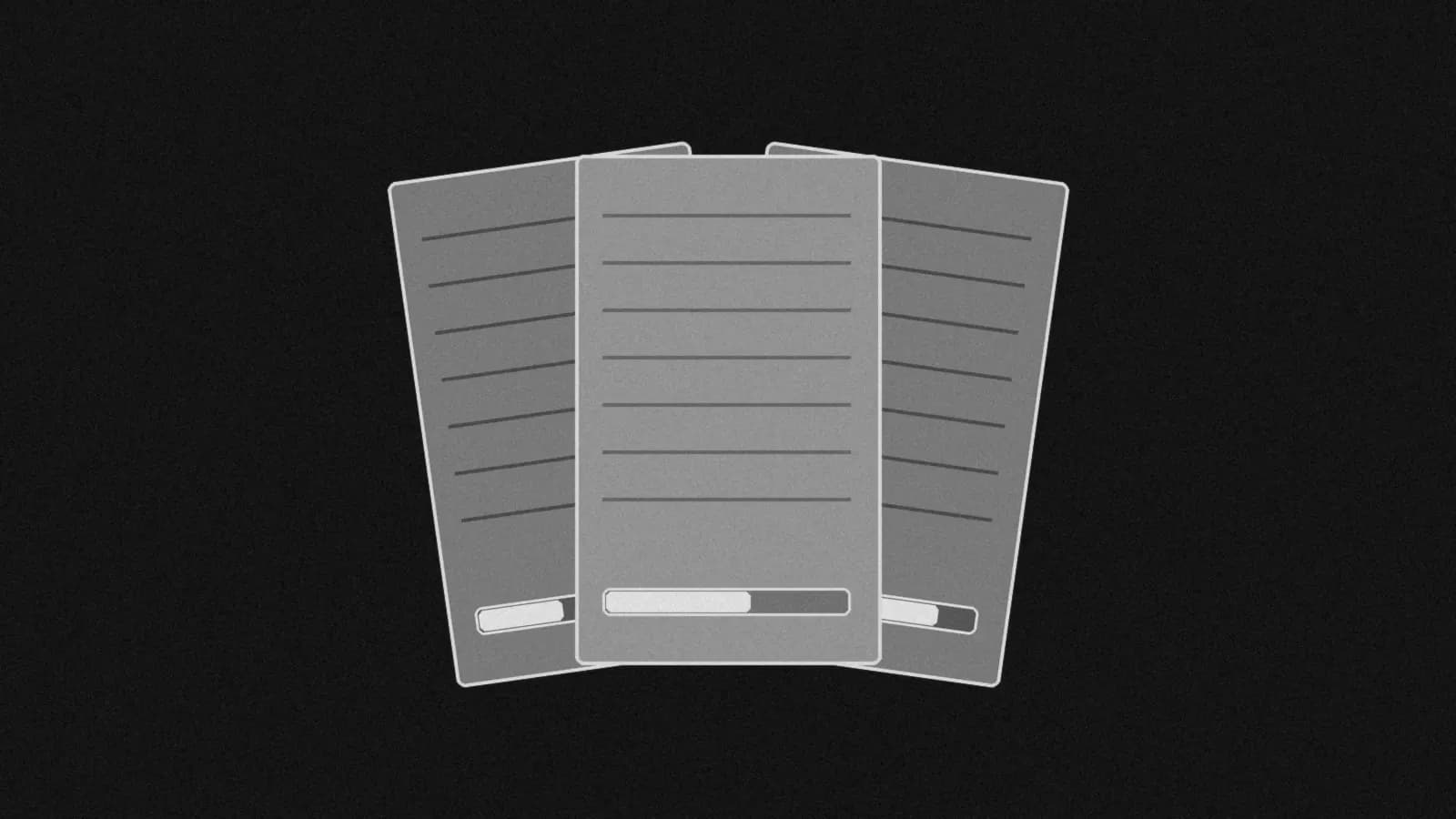 Illustration: three blank index cards fanned side by side on black, each with its own progress bar at a different fill.