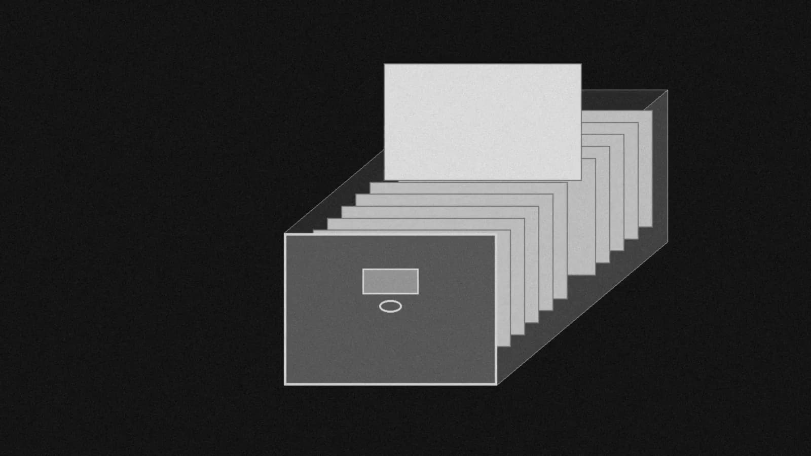 Illustration: an open index card file box seen from slightly above, with one blank card lifted high above the others, in black and white.