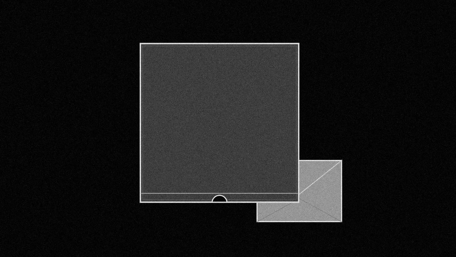 Illustration: a closed, plain pizza box seen from directly above with a plain envelope tucked under its front corner, black and white with grain