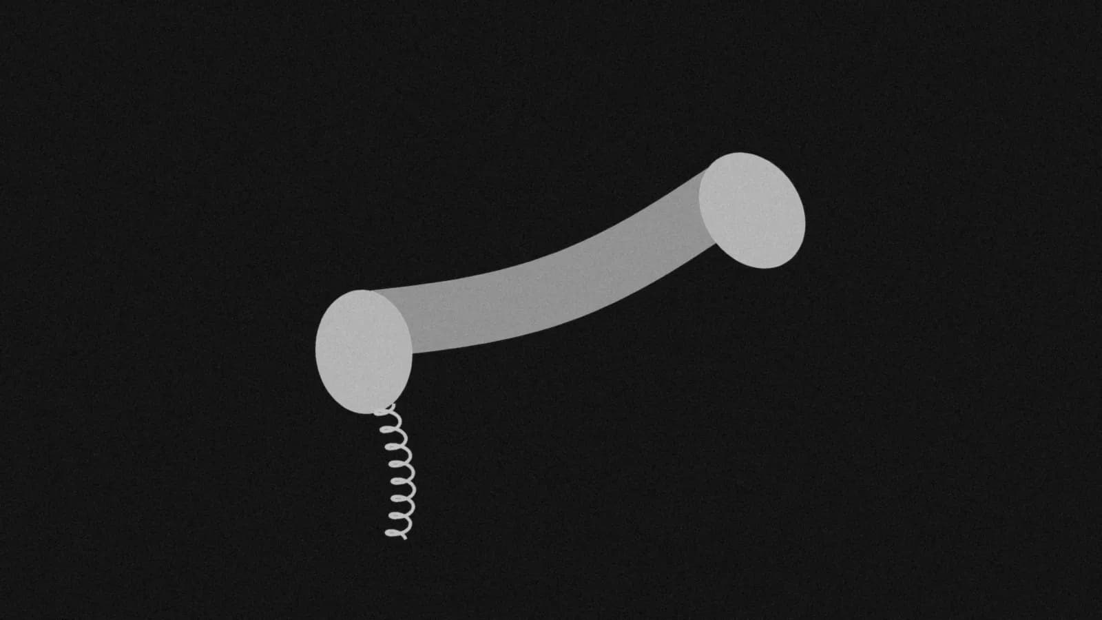 Illustration: a corded telephone handset tilted on its side with its coiled cord hanging below, in black and white.