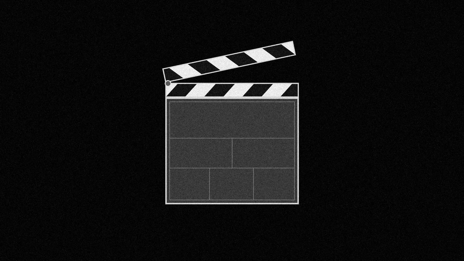 Illustration: a blank film clapperboard seen straight-on with its striped top stick hinged slightly open, black and white with grain