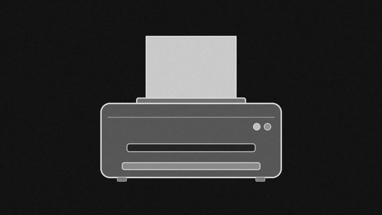 Illustration: a small desk printer seen straight on with one blank sheet coming out of the top, in black and white.