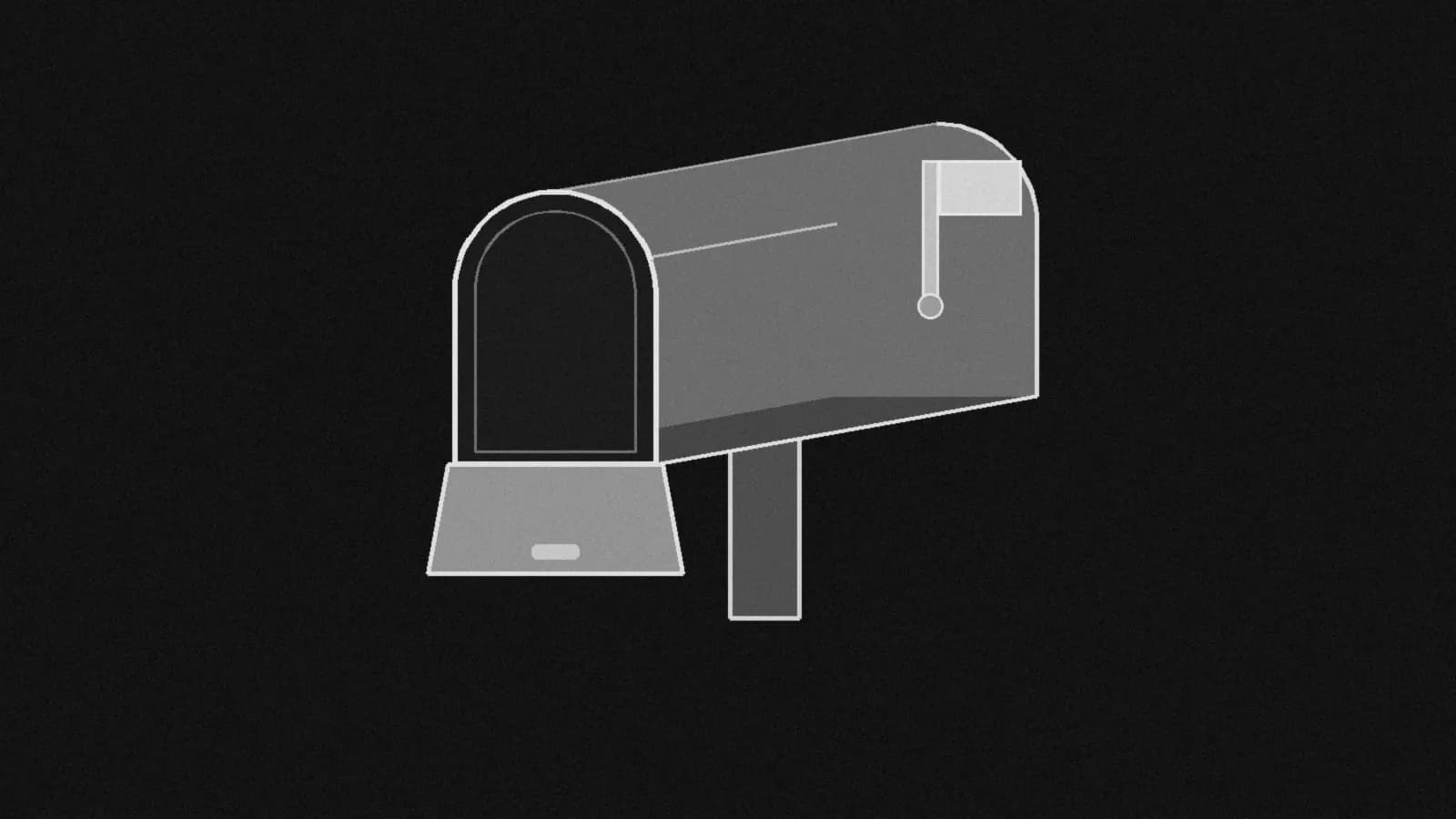 Illustration: a curbside mailbox with its flag up and its door open, empty inside, in black and white.