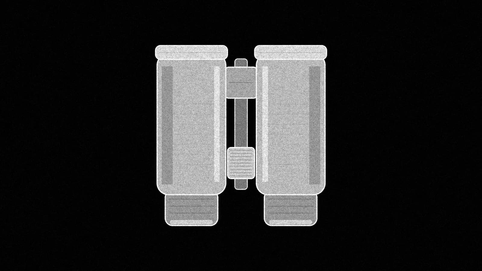 Illustration: a pair of roof prism binoculars seen from above, with a center hinge, a ribbed focus wheel and ribbed eyecups, in black and white.