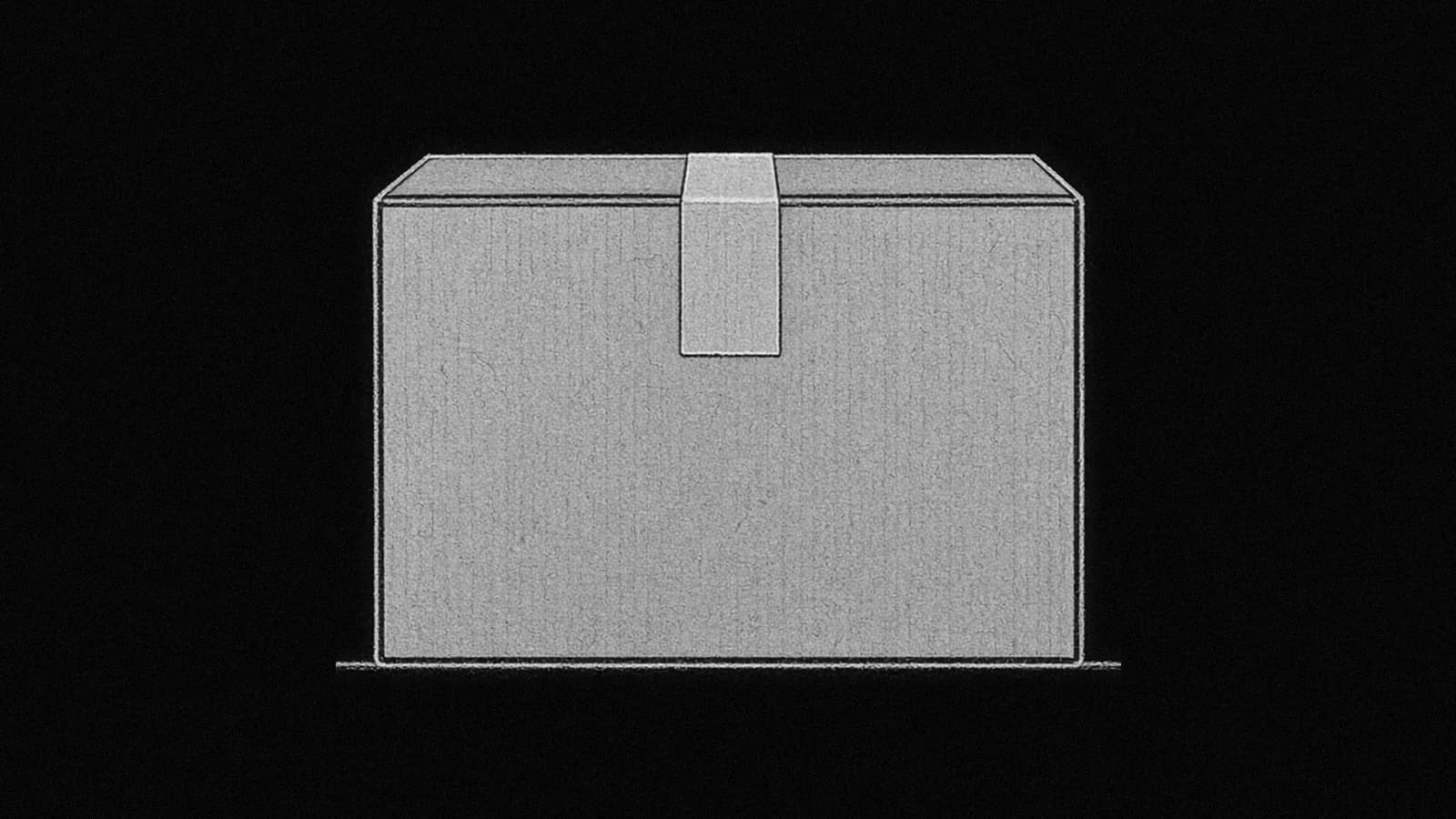 Illustration: a plain closed cardboard shipping carton seen straight-on, one strip of tape over the top seam, in black and white.