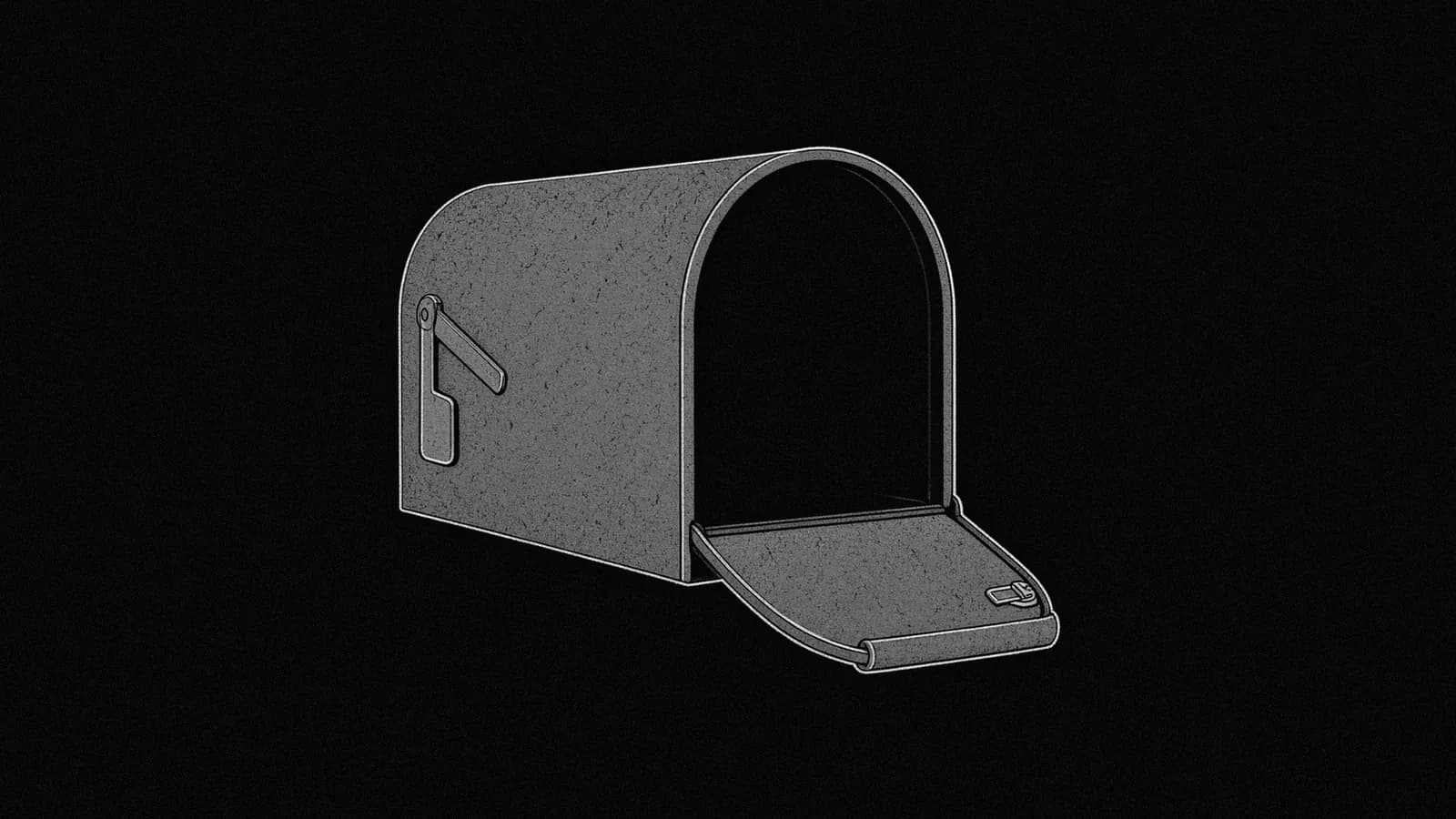 Illustration: a curbside mailbox seen at a three-quarter angle, its door hanging open and nothing inside, in black and white.