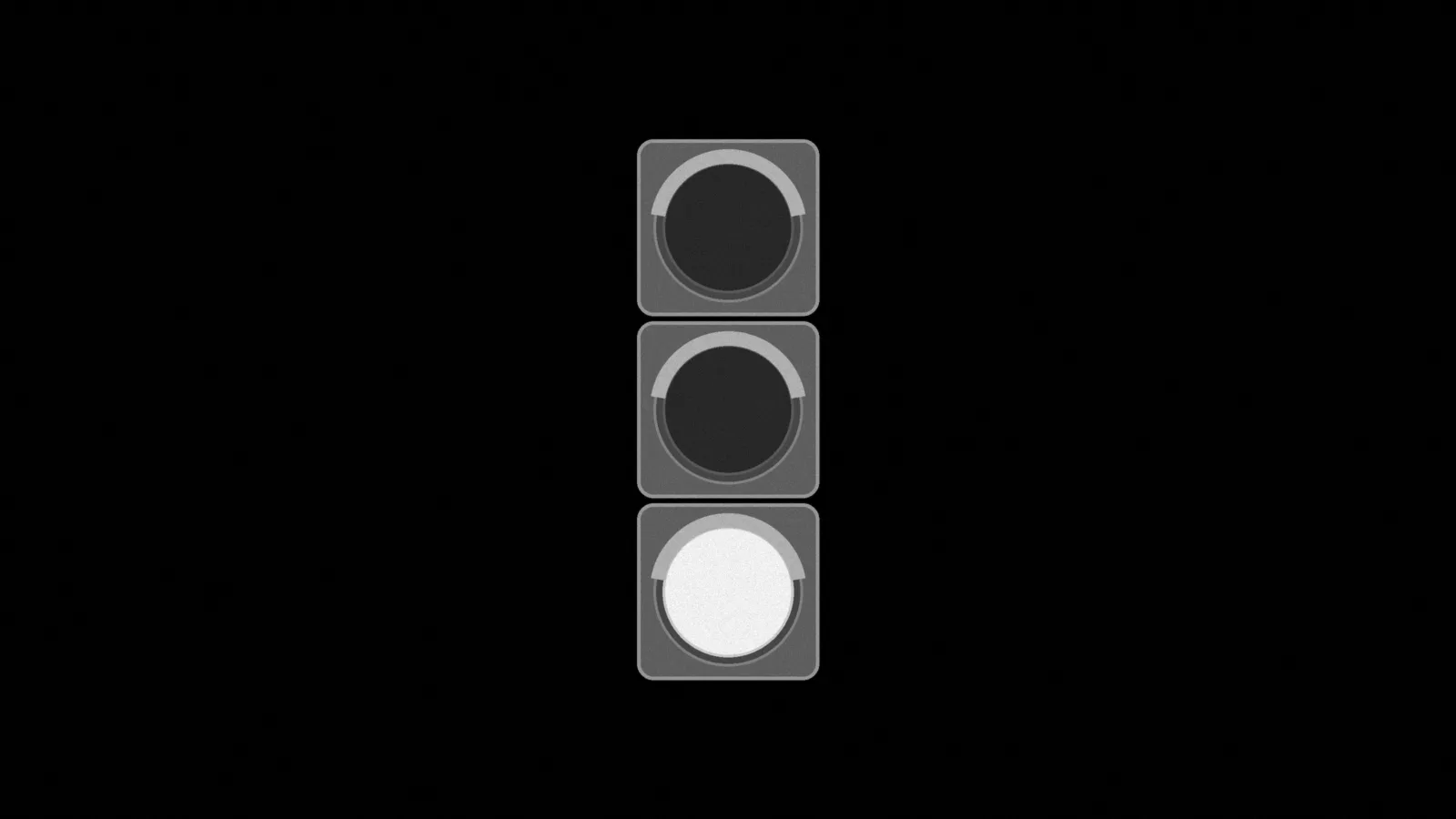Illustration: a three-section traffic signal seen straight-on, the bottom lamp lit and the two above it dark, in black and white on black.