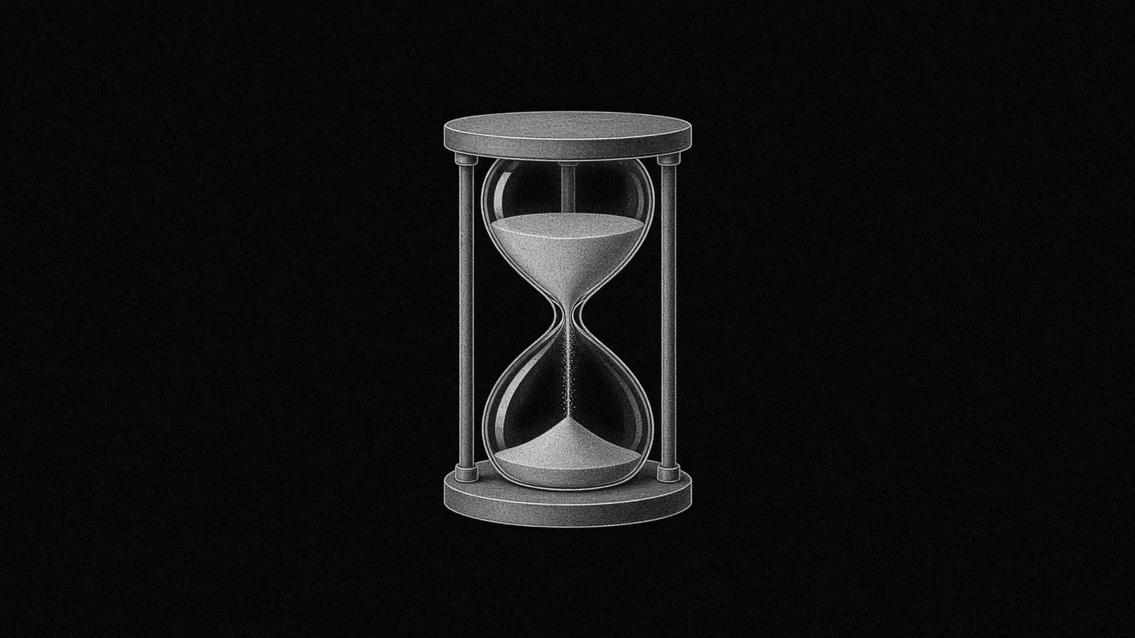 Illustration: an hourglass seen straight-on, most of its sand still in the top bulb and a thin stream falling, in black and white.