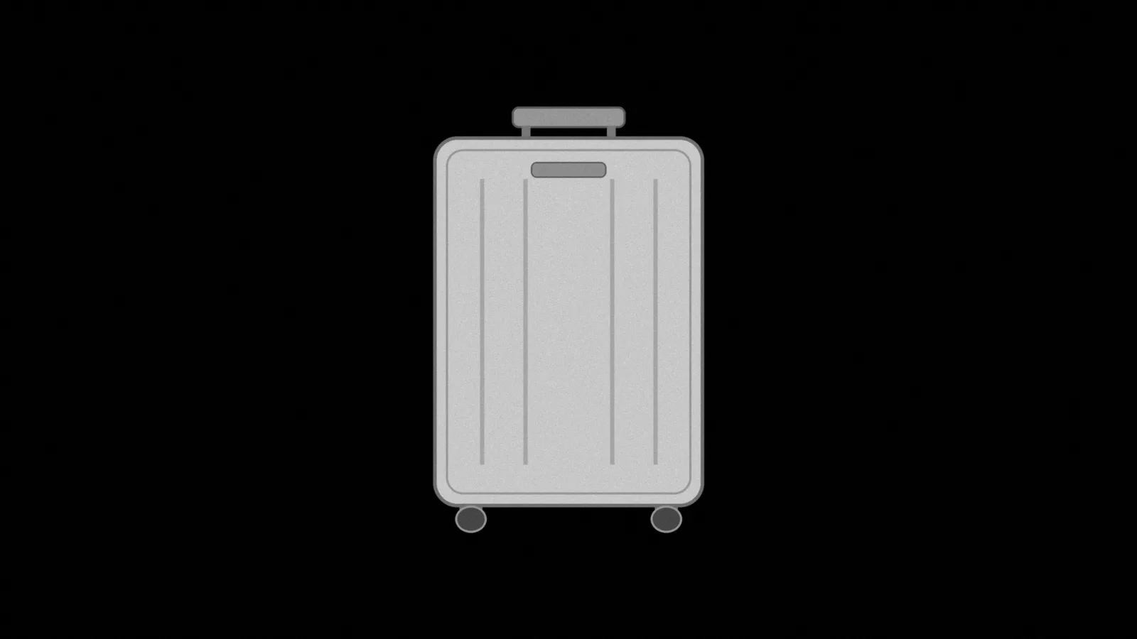 Illustration: a hard-shell carry-on suitcase standing upright, seen straight-on, its handle down and two wheels showing, in black and white on black.