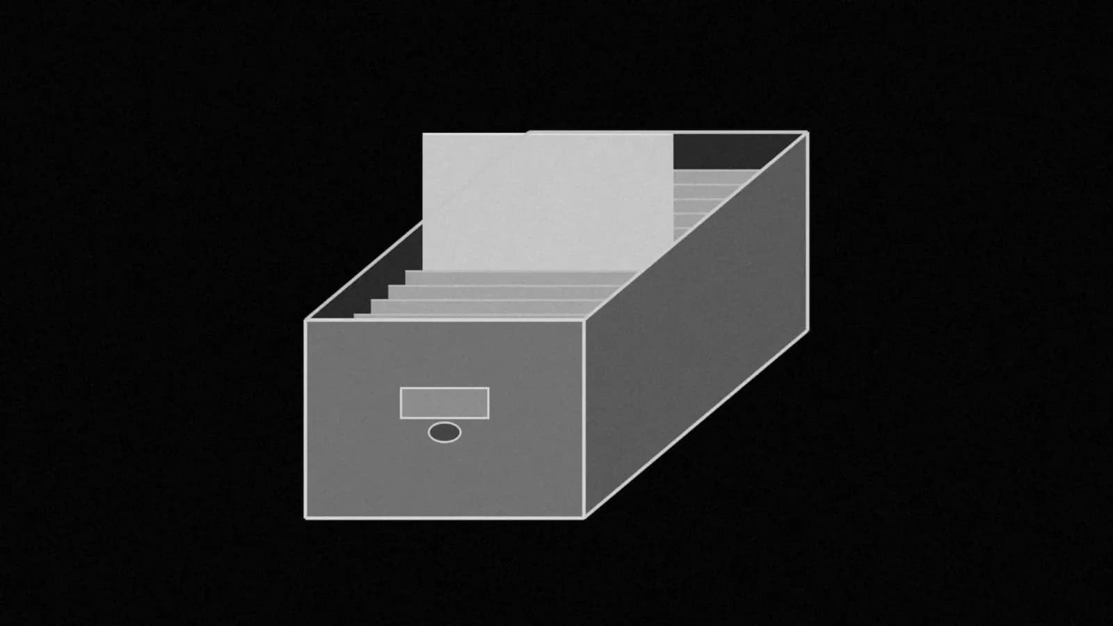 Illustration: an open index card file box seen from slightly above, one blank card lifted above the row, in grey on black.
