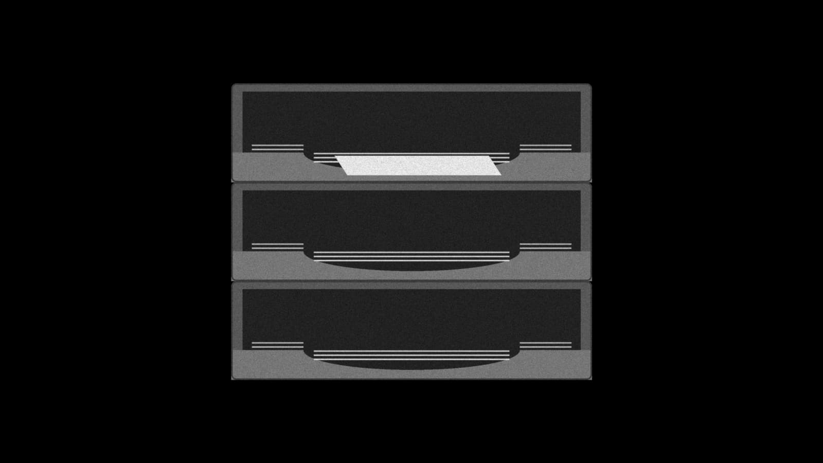 Illustration: three front-loading desk letter trays stacked straight-on, a single blank sheet sliding forward out of the top tray, in black and white.