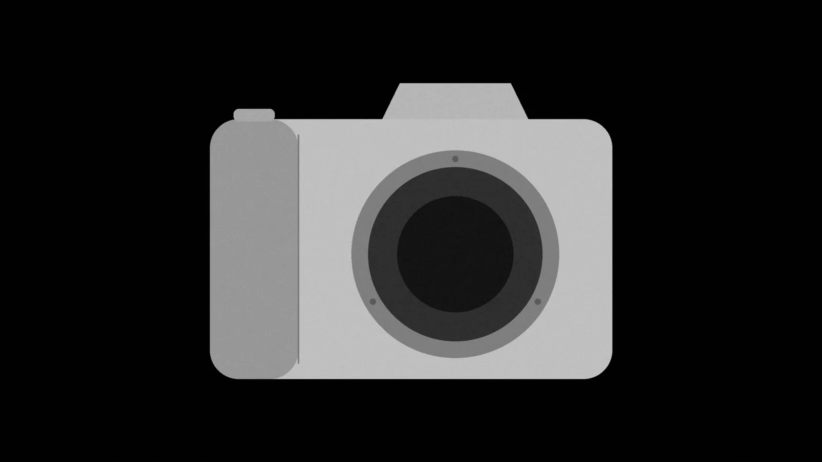 Illustration: a plain mirrorless camera body with an empty lens mount, seen straight on, in black and white.