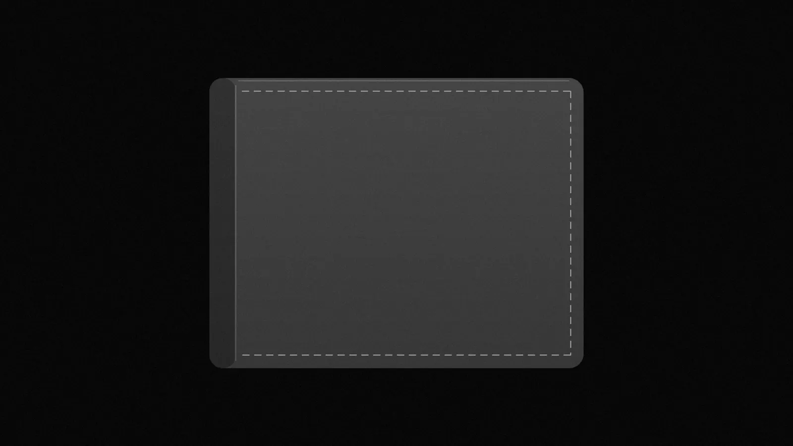 Illustration: a closed bifold wallet seen straight-on with a line of stitching along its edges, in black and white.