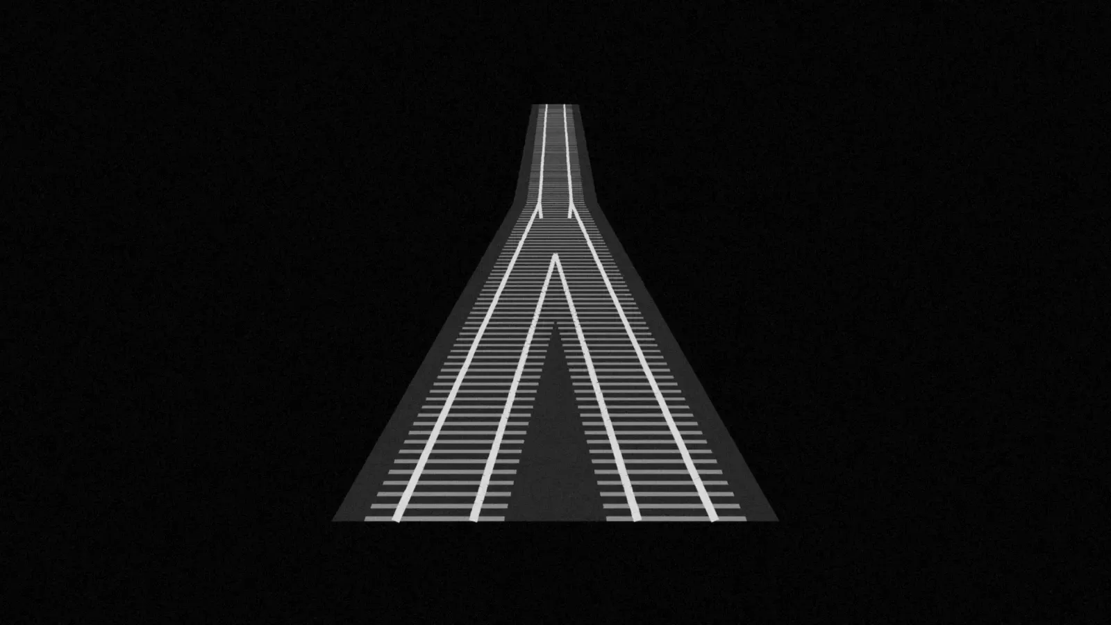 Illustration: railway track seen from above where two tracks join into one at a switch, drawn in grey on black.