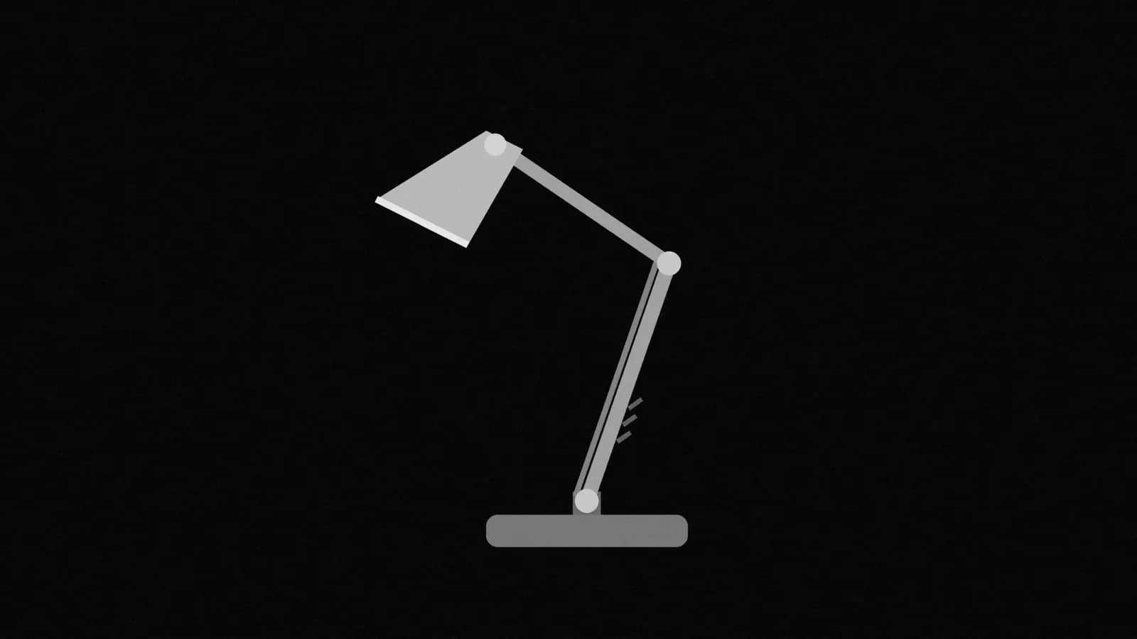 Illustration: a balanced-arm desk lamp seen from the side, its shade tipped down toward the base, in black and white.