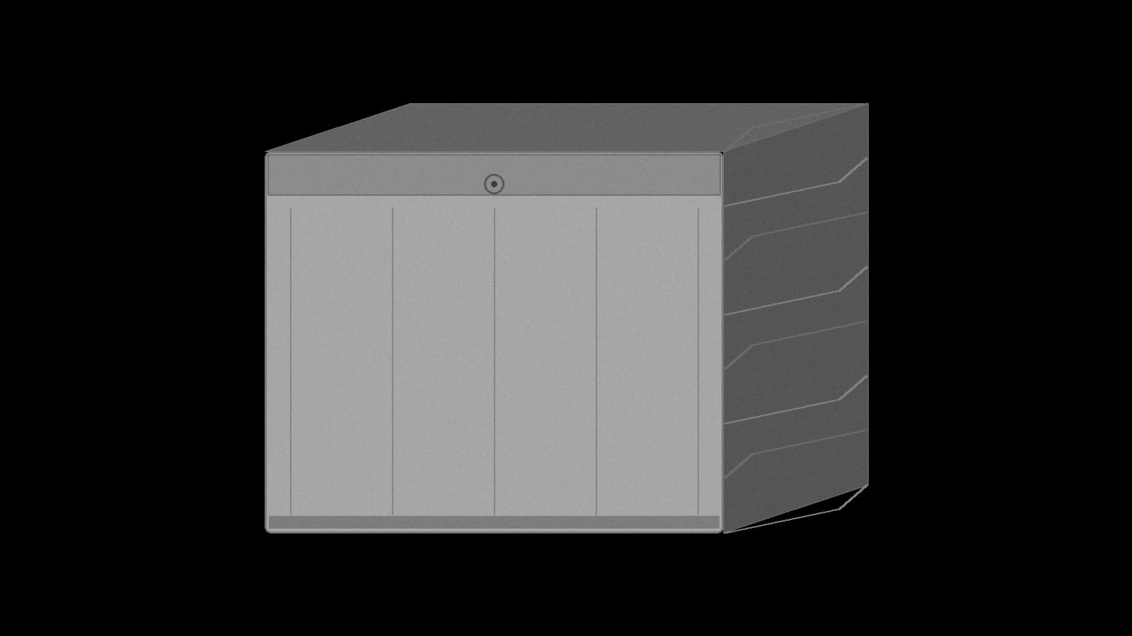 Illustration: a letter-size expanding file seen in three-quarter view, flap closed with a blank cord button, accordion gussets on the right, in grey on black.