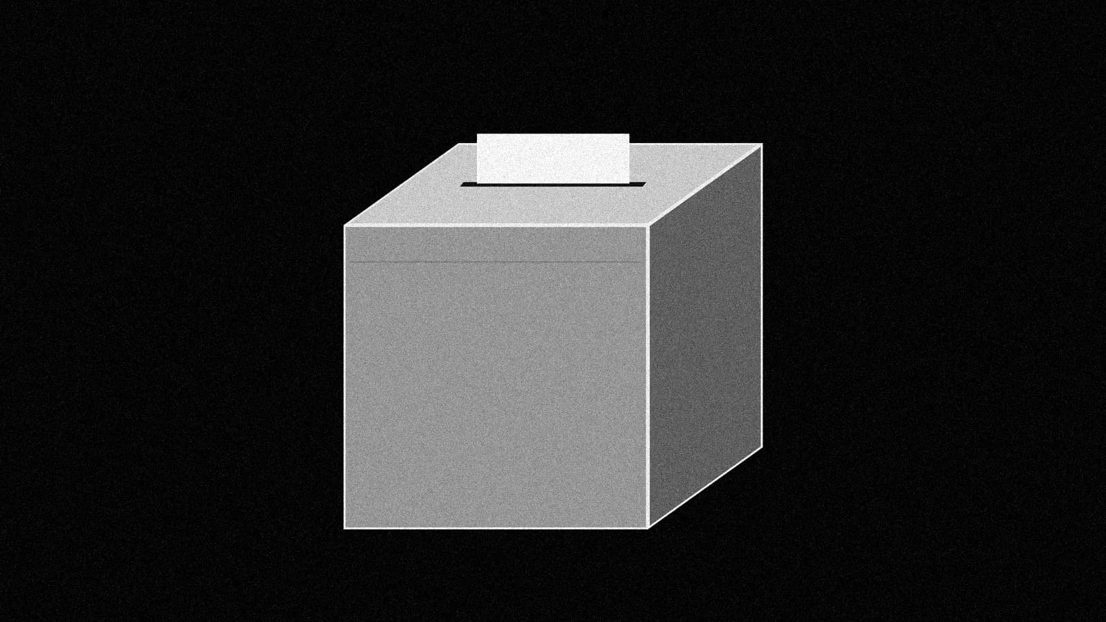 Illustration: a plain cardboard ballot box seen from above at an angle, with one blank card standing half in its top slot, in black and white with grain