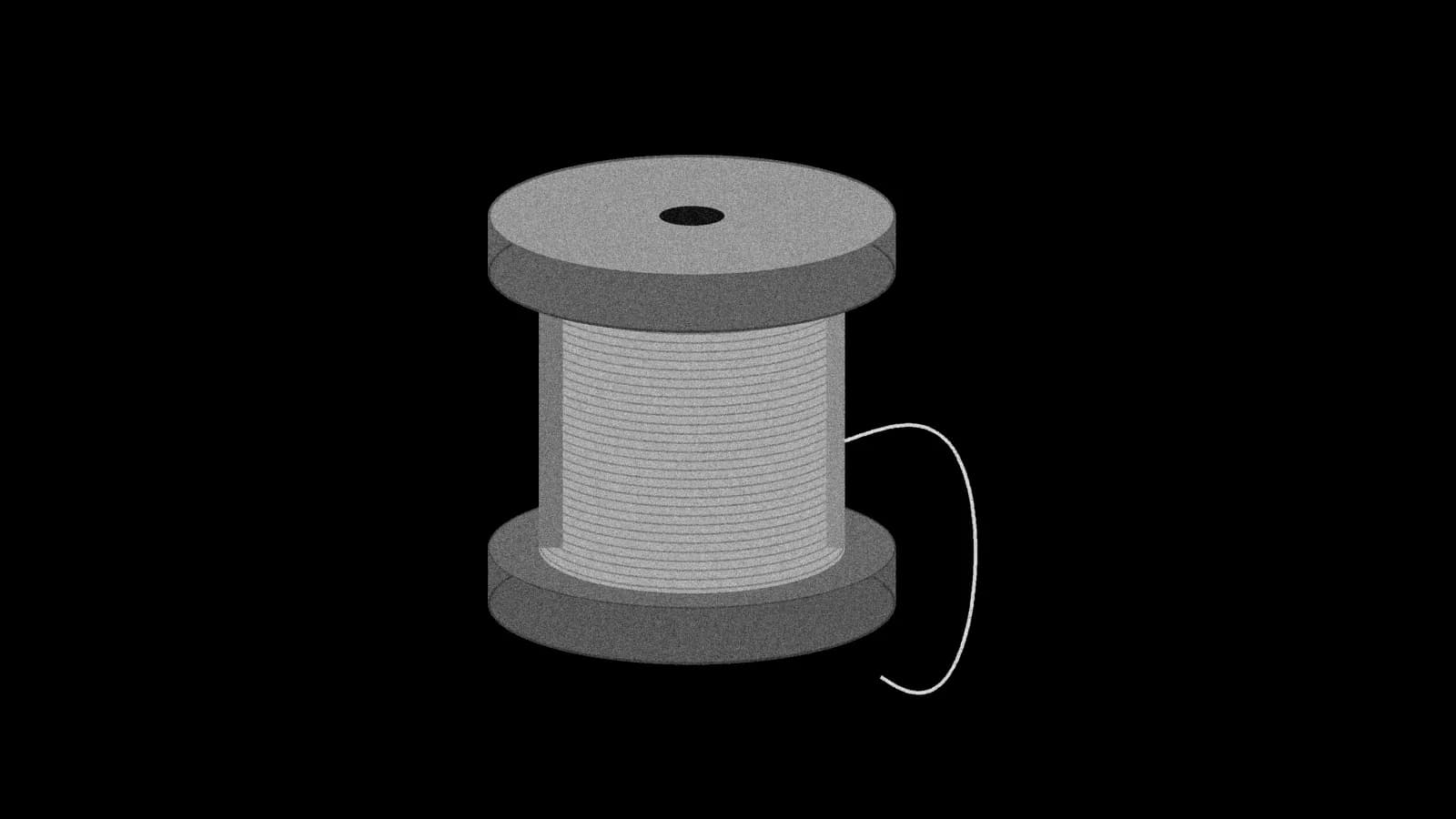 Illustration: a wooden sewing thread spool seen in three-quarter view, with one loose thread end looping off to the side, in grey on black.