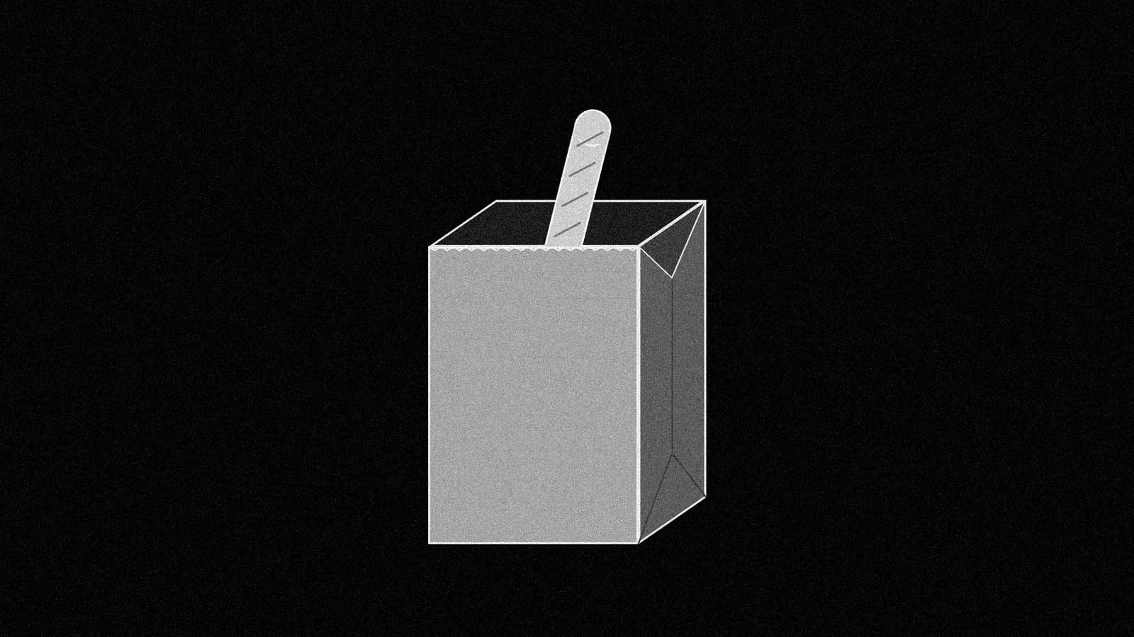 Illustration: a plain paper grocery bag in three-quarter view with one baguette standing out of its open top, in black and white with grain