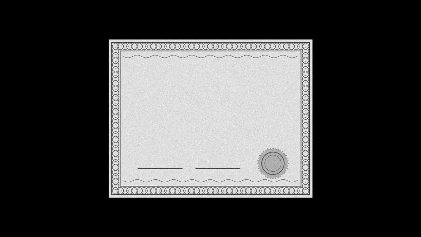 Illustration: a blank stock certificate seen straight-on, with a scalloped border, two empty signature lines and a round serrated seal, in grey on black.