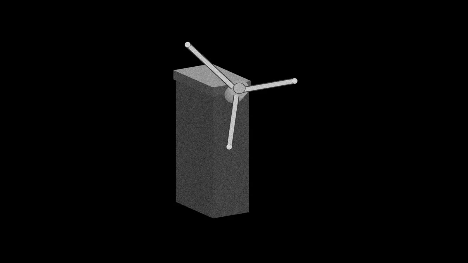 Illustration: a waist-high three-arm turnstile seen in three-quarter view, one arm pointing toward the viewer, in grey on black.