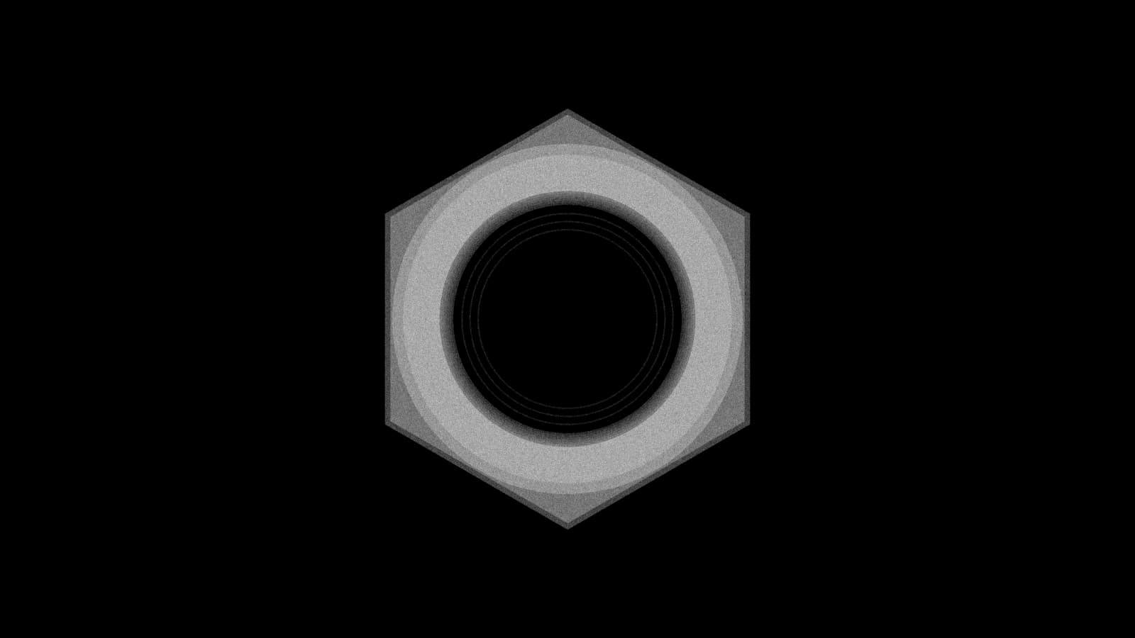 Illustration: a single hex nut seen from above, a hexagon with a round threaded hole in the middle, in black and white.