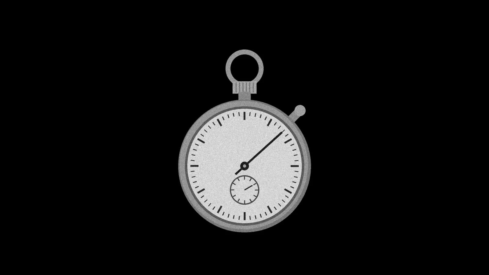 Illustration: a mechanical stopwatch with a ring bow, crown and side pusher, in grey on black.