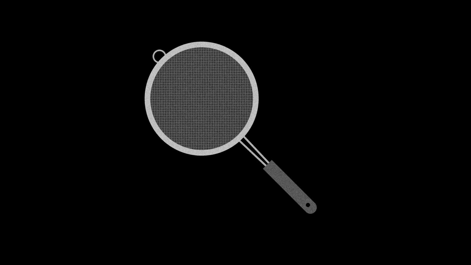 Illustration: a round fine-mesh kitchen strainer seen from above, its handle angled down to the right and a small rest loop opposite, in black and white.