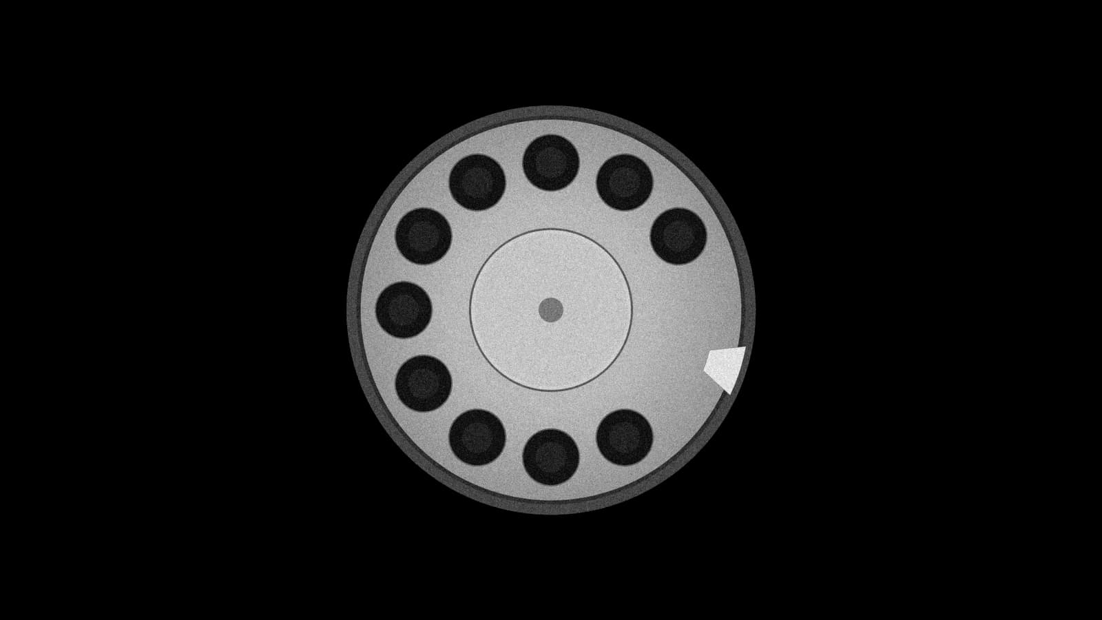 Illustration: an old rotary telephone dial seen straight on, ten finger holes around a plain centre disc and a curved finger stop, in black and white.