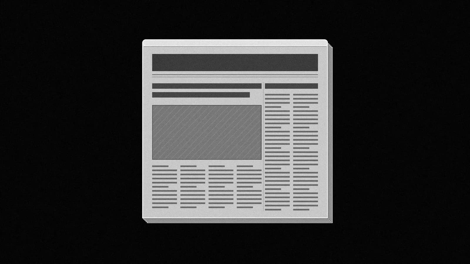 Illustration: a folded broadsheet newspaper seen straight-on, with a blank masthead band, a picture block and grey column bars, in black and white with grain