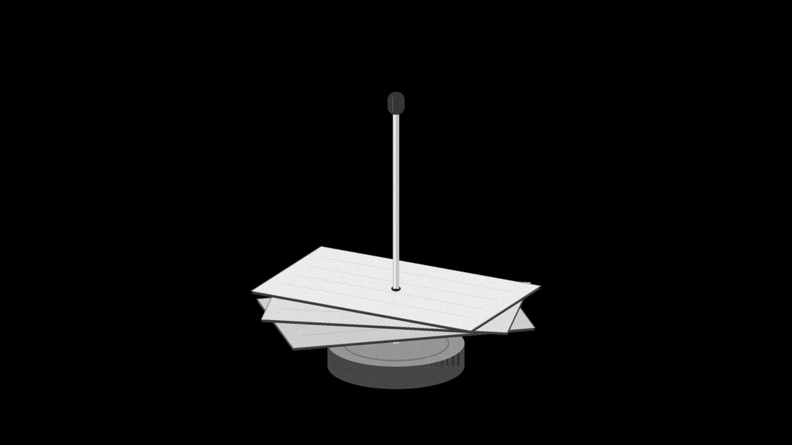 Illustration: a desk memo spike on a round base with three blank index cards pierced on it, in black and white.