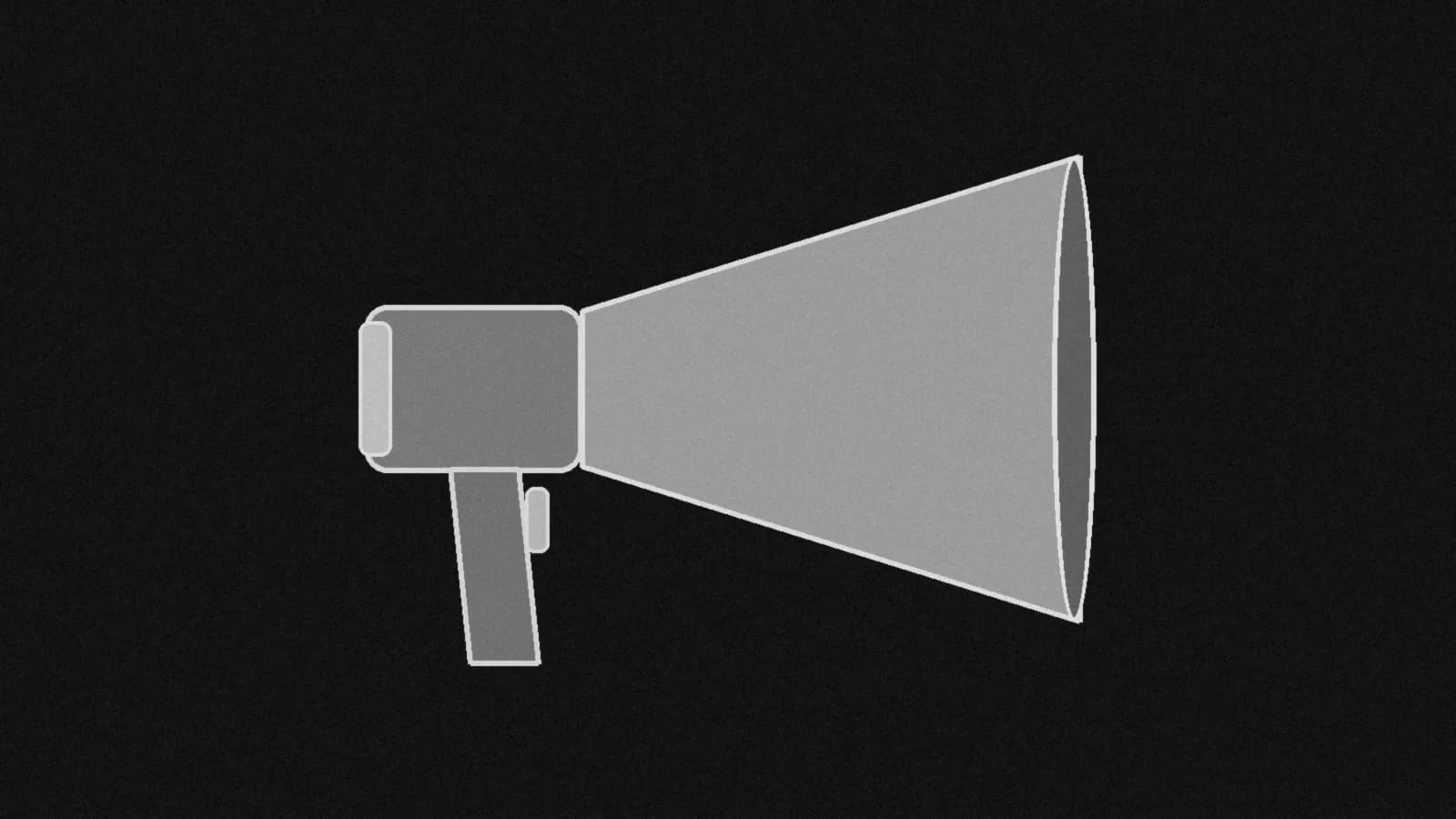 Illustration: a handheld megaphone seen from the side, its bell to the right and a pistol grip below, in black and white.