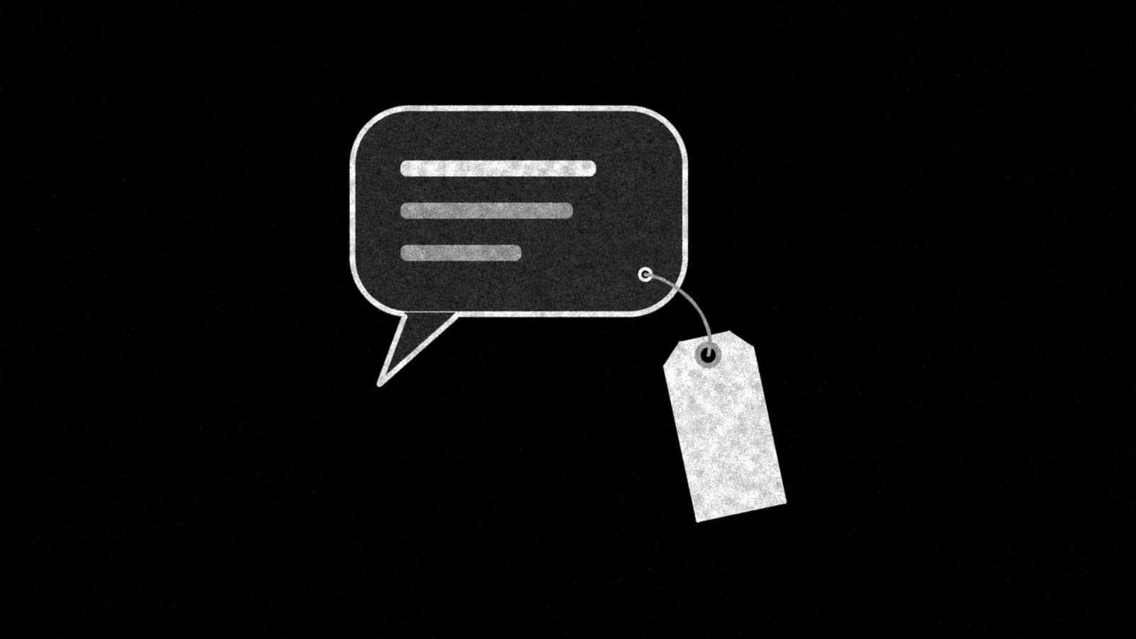 Illustration: a speech bubble with a shipping tag tied to its corner by a string, in black and white.