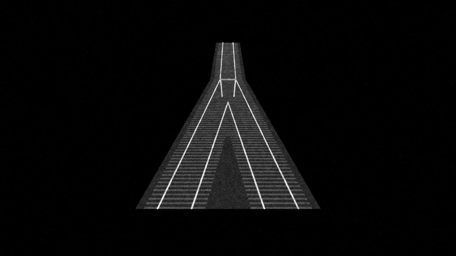 Illustration: a railway seen from above where two tracks close into one at a switch, both sides alike, in black and white.