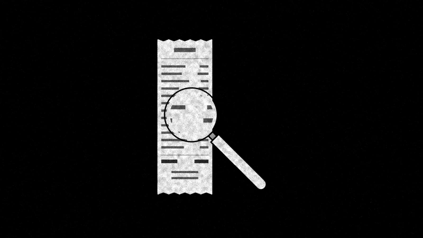 Illustration: a long store receipt with a magnifying glass enlarging its item lines, in black and white.