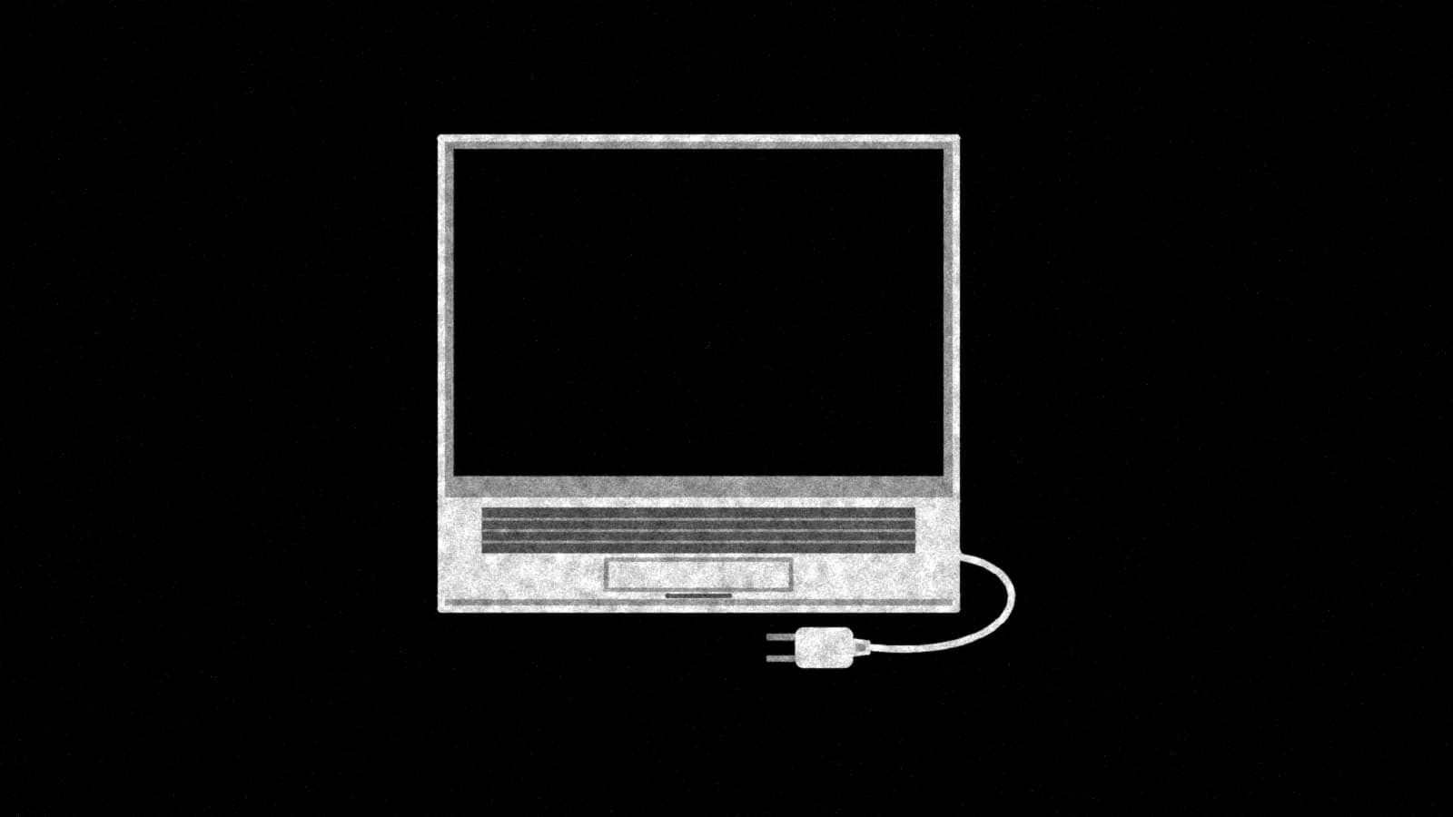 Illustration: an open laptop with a dark screen and its power plug lying unplugged on the desk in front of it, in black and white.