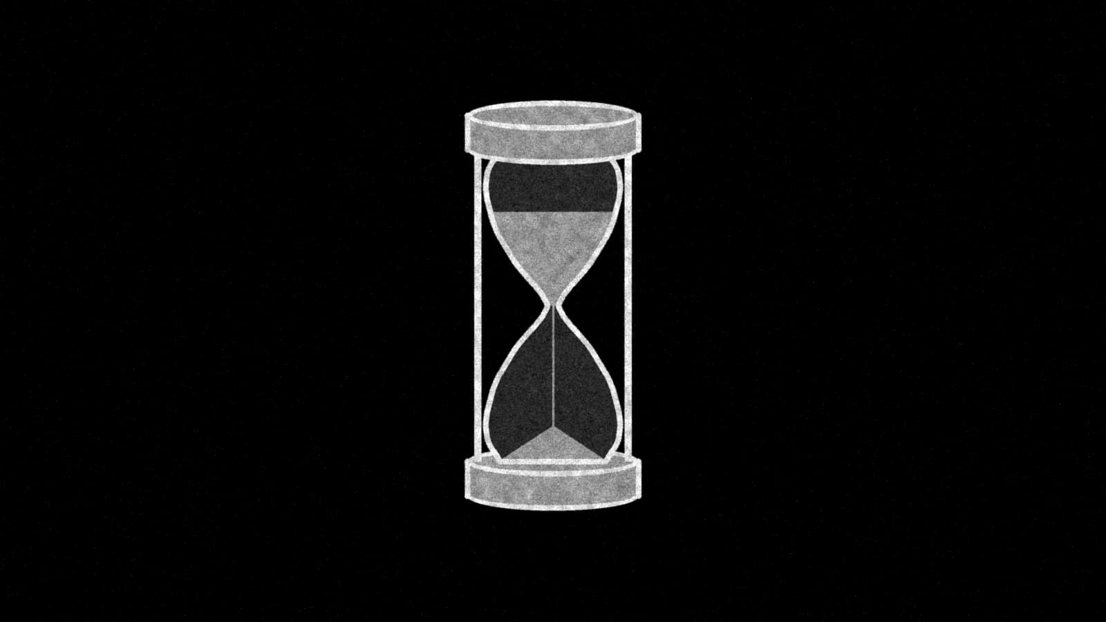 Illustration: an hourglass with most of its sand still in the top bulb and a thin stream falling, in black and white.