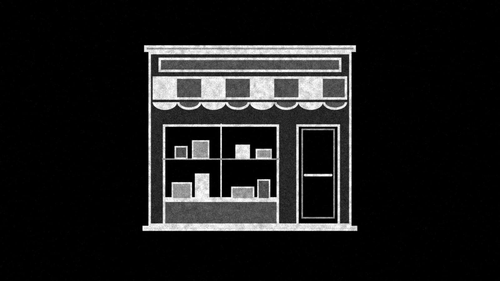 Illustration: a small one-story shop front with a striped awning, a display window of boxes and a glass door, in black and white.