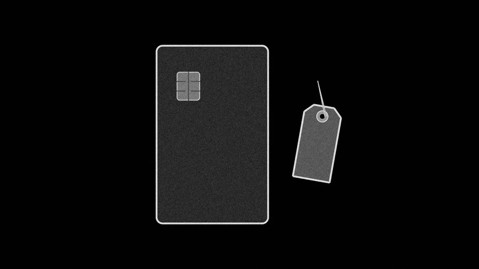 Illustration: a blank payment card standing upright beside a hanging price tag, in black and white.