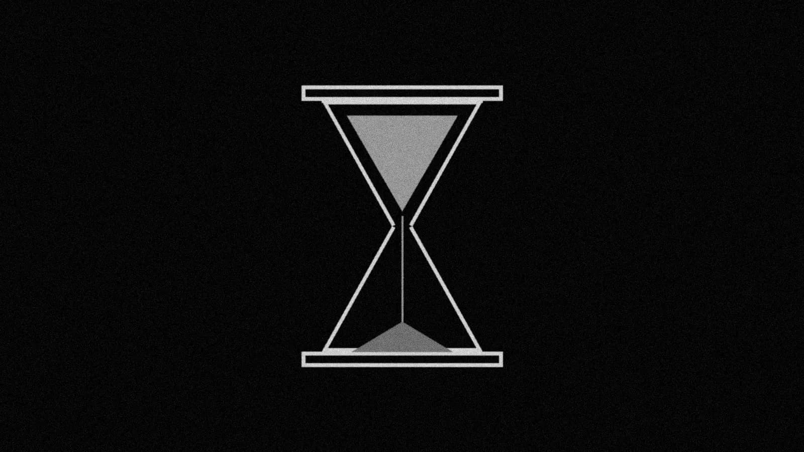 Illustration: an hourglass with sand in the top bulb and a thin stream falling, in black and white.