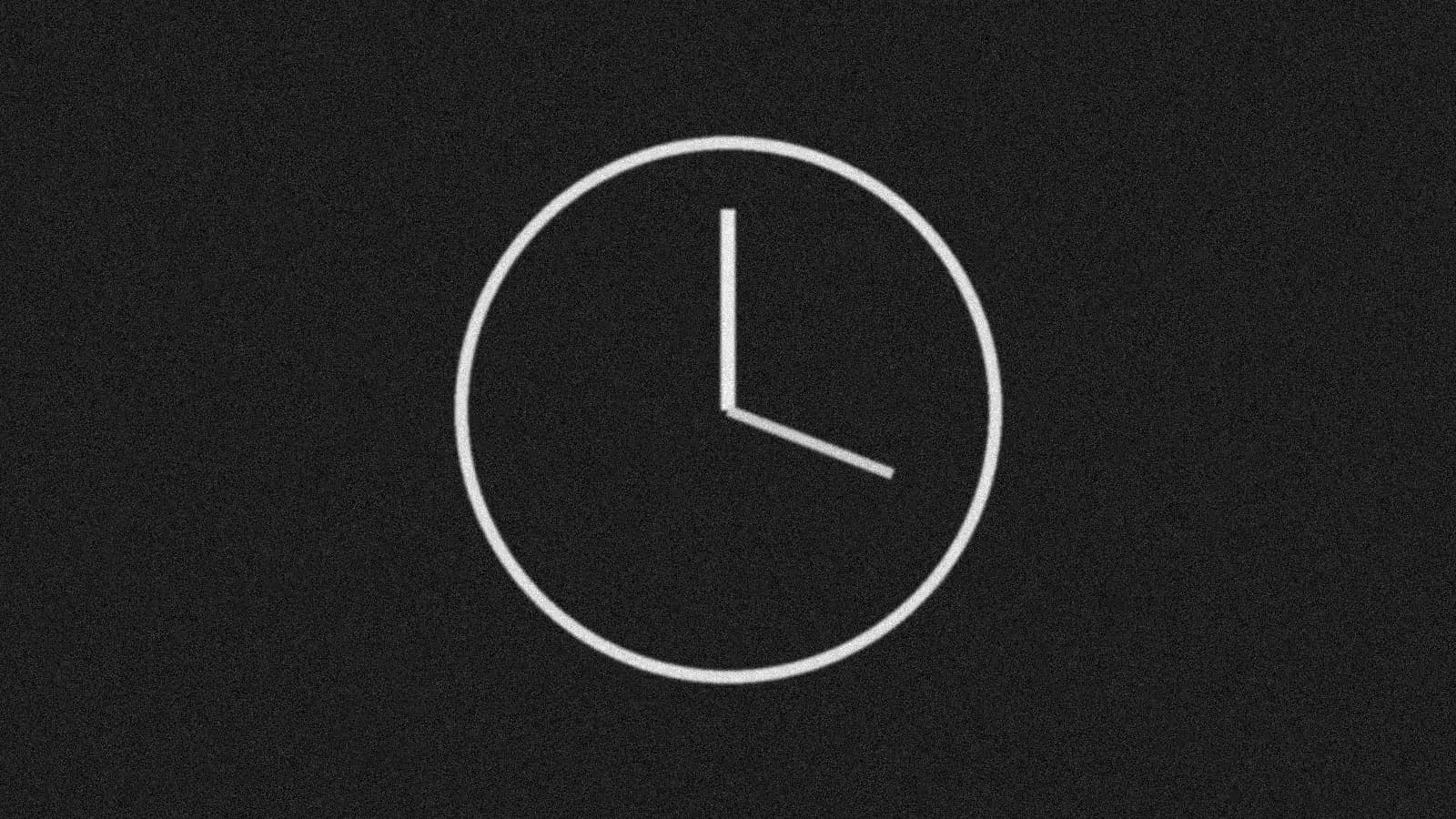 Illustration: a plain clock face with two hands, outlined in light grey on black.
